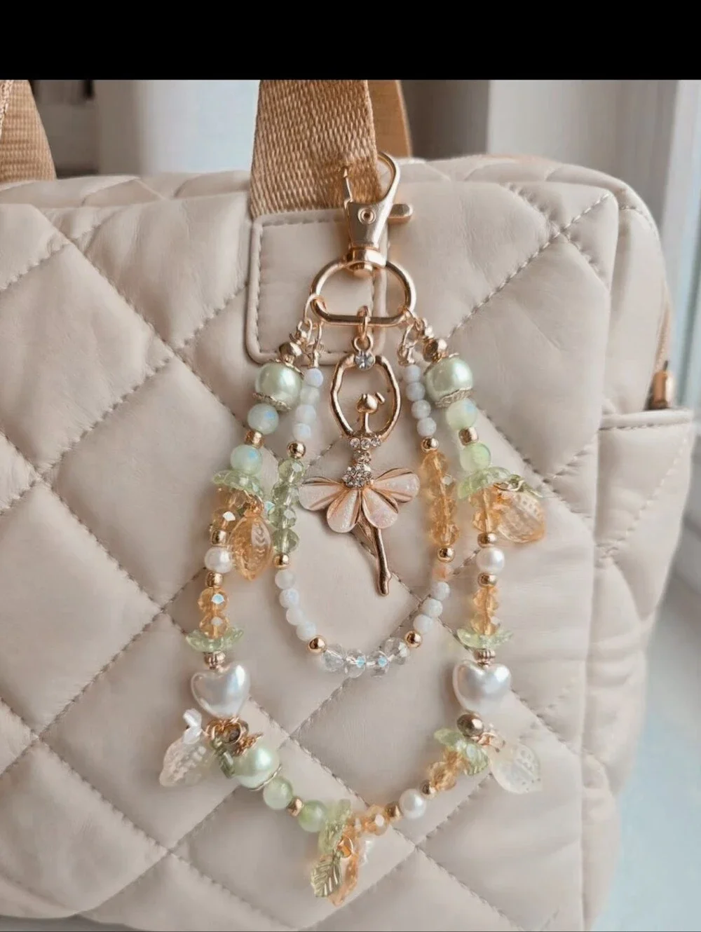 Gold Ballerina Charm Beaded Bag Accent in Pale Peach & Mint